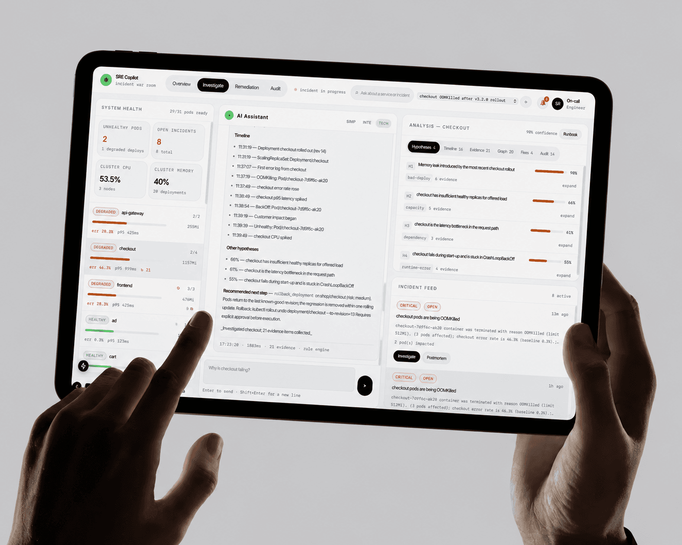 The SRE Copilot investigate view on a tablet