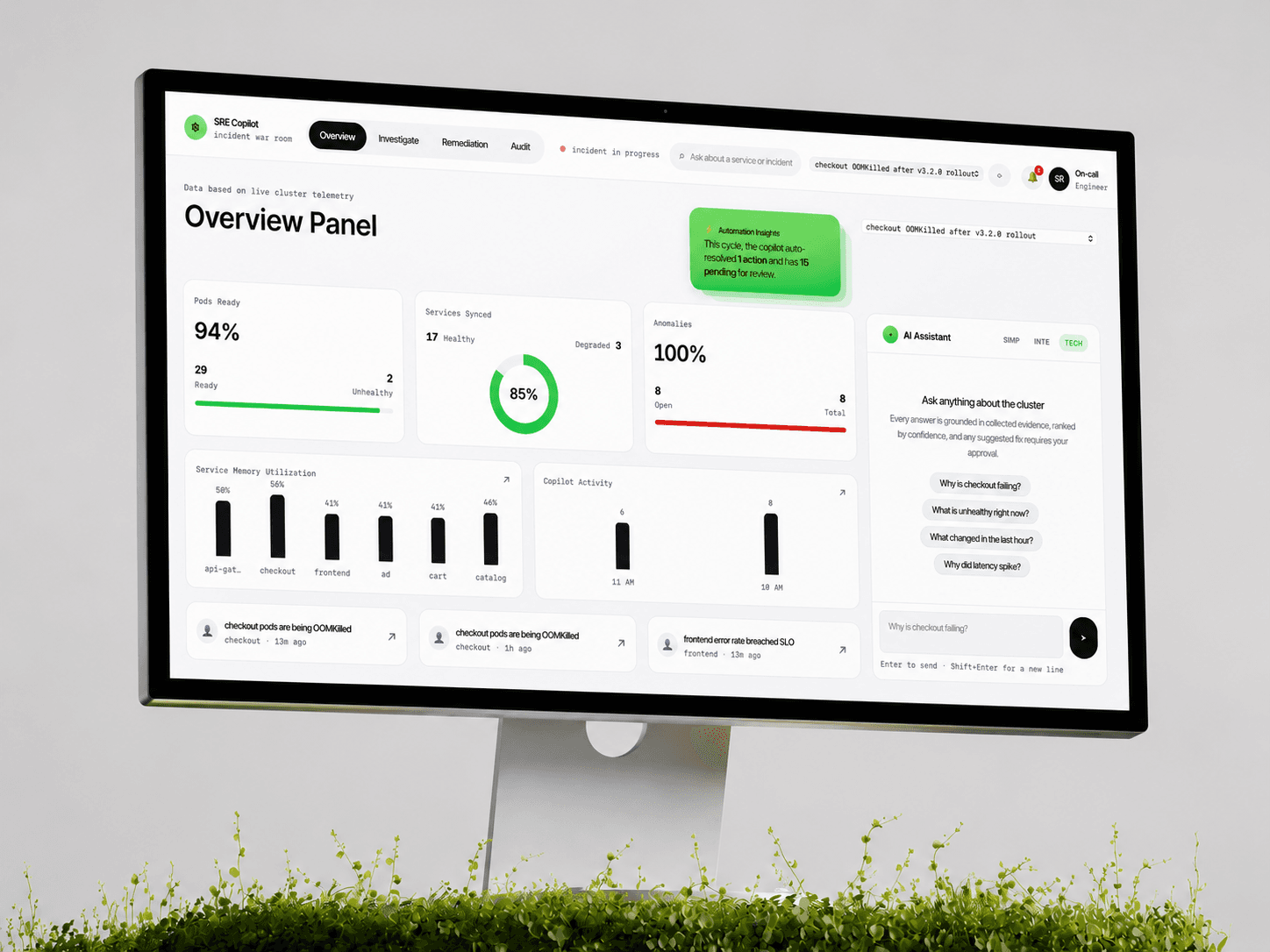 The SRE Copilot overview panel with pod, service and anomaly health