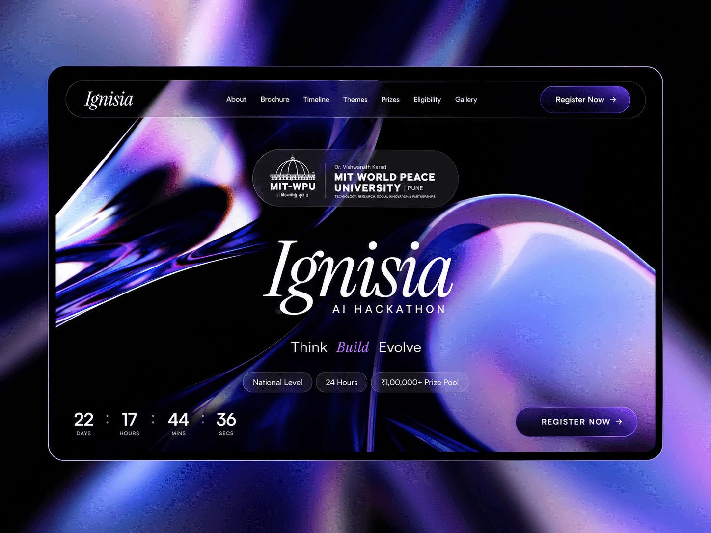 The Ignisia AI Hackathon home page, with the MIT-WPU badge, a countdown and a Register Now button over a violet glass backdrop