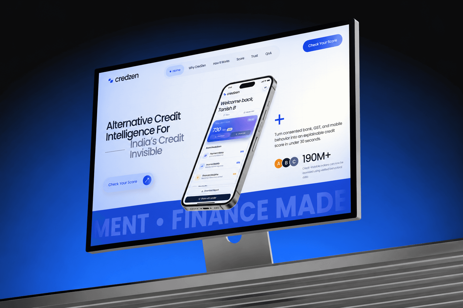 The CredZen landing page on a desktop monitor, with a phone showing a credit score of 730