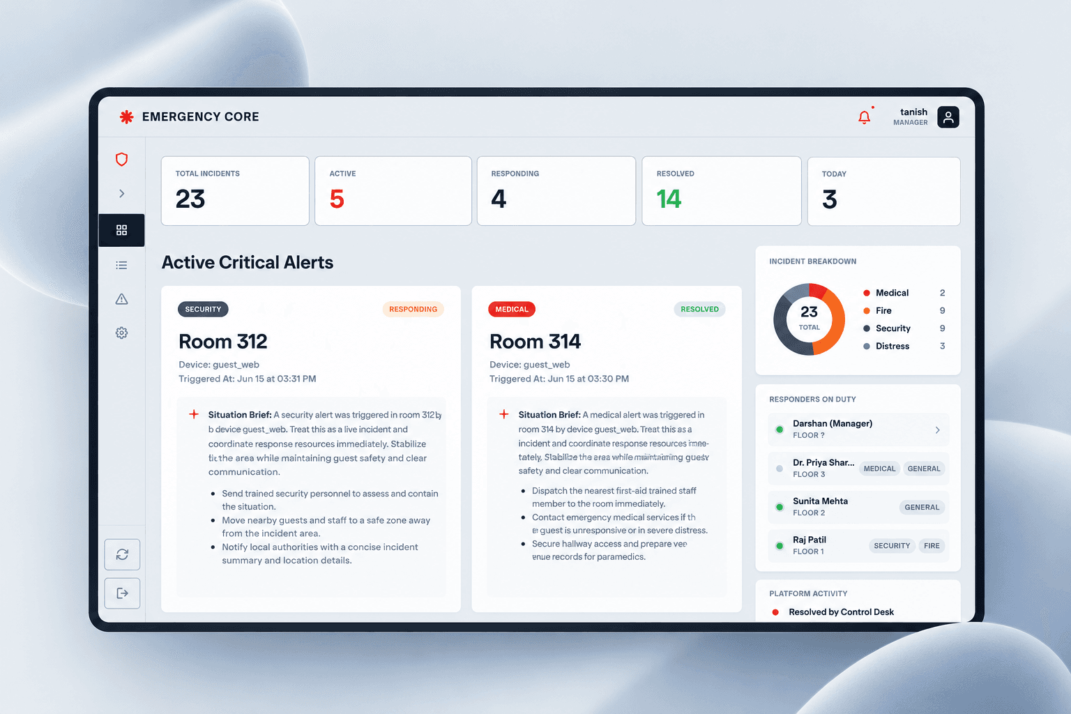 The Emergency Core operations dashboard, with incident counts, two active alerts and their AI situation briefs