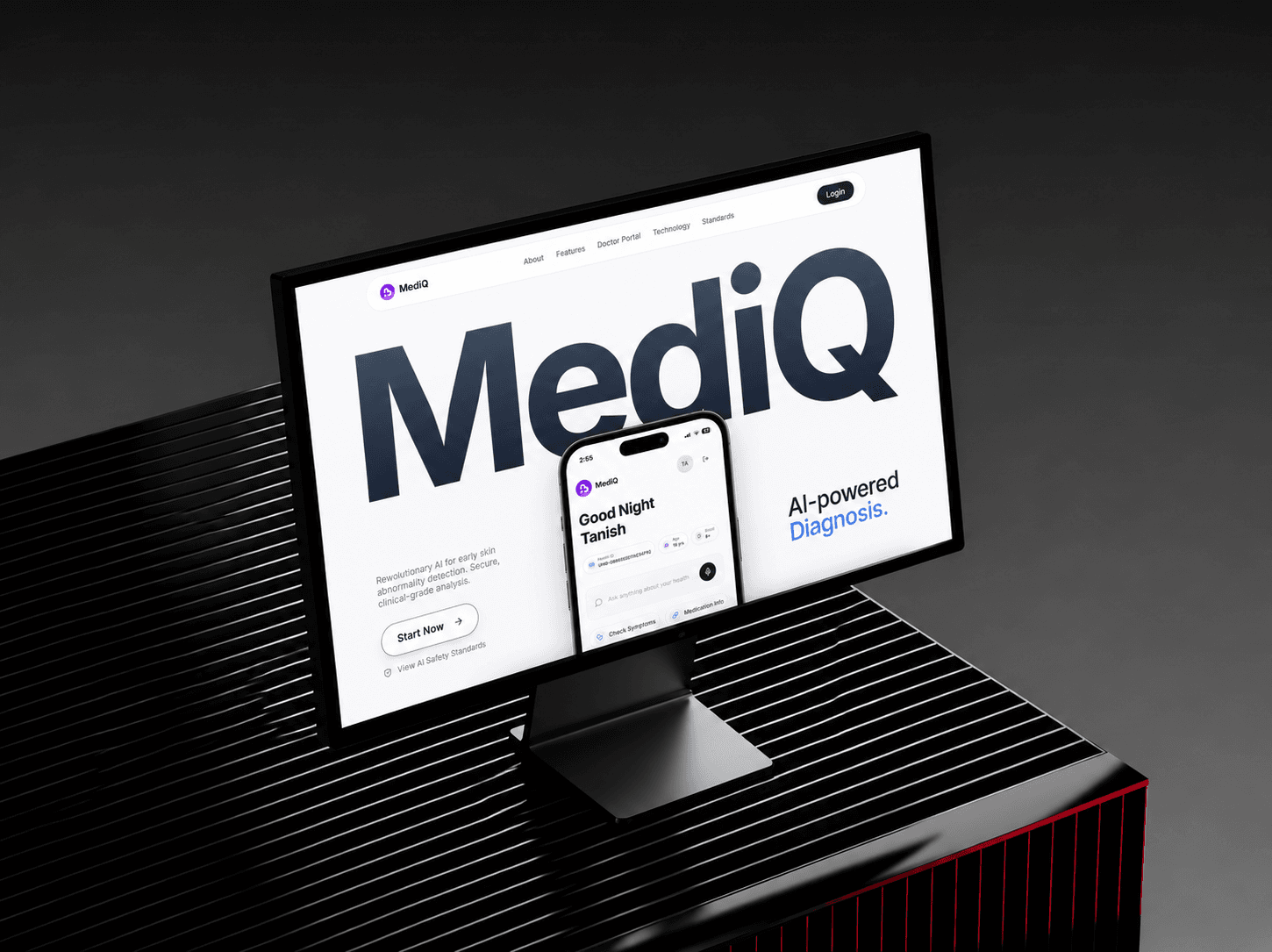 The MediQ landing page on a desktop monitor, with a phone in front showing the patient home screen