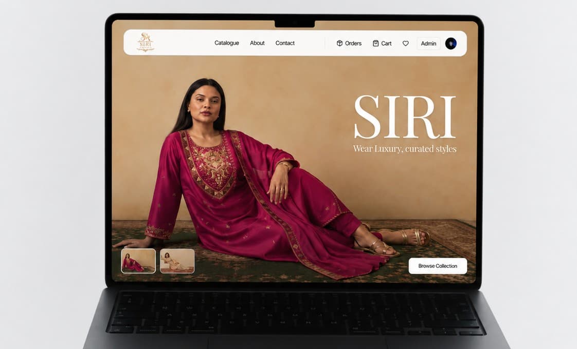 The SIRI online store home page on a laptop, showing a model in a magenta suit