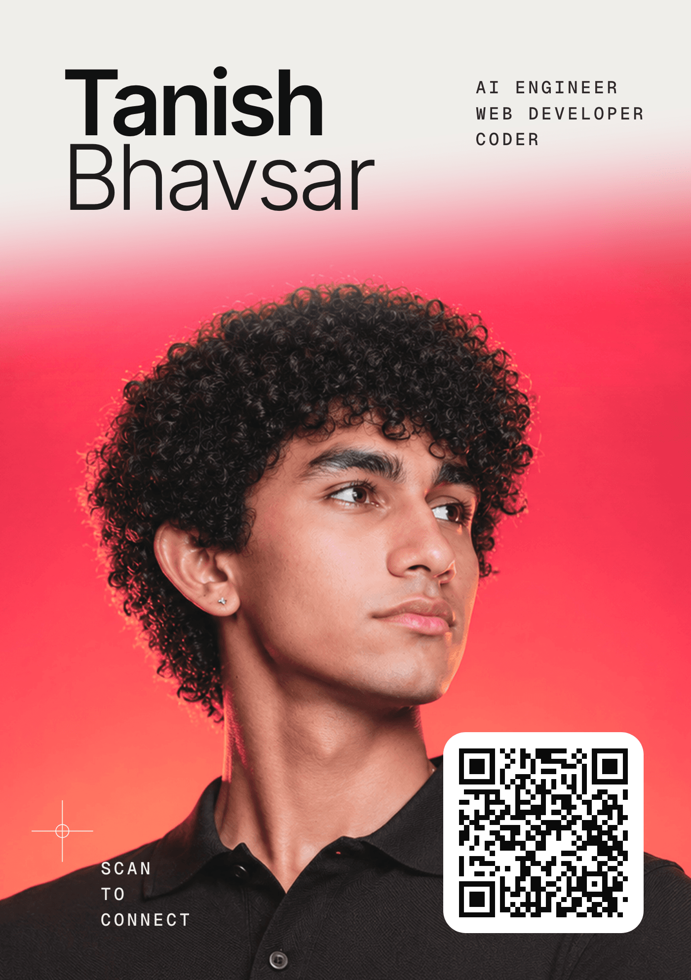 Tanish Bhavsar's card: AI engineer, web developer, coder, with a portrait and a QR code to connect