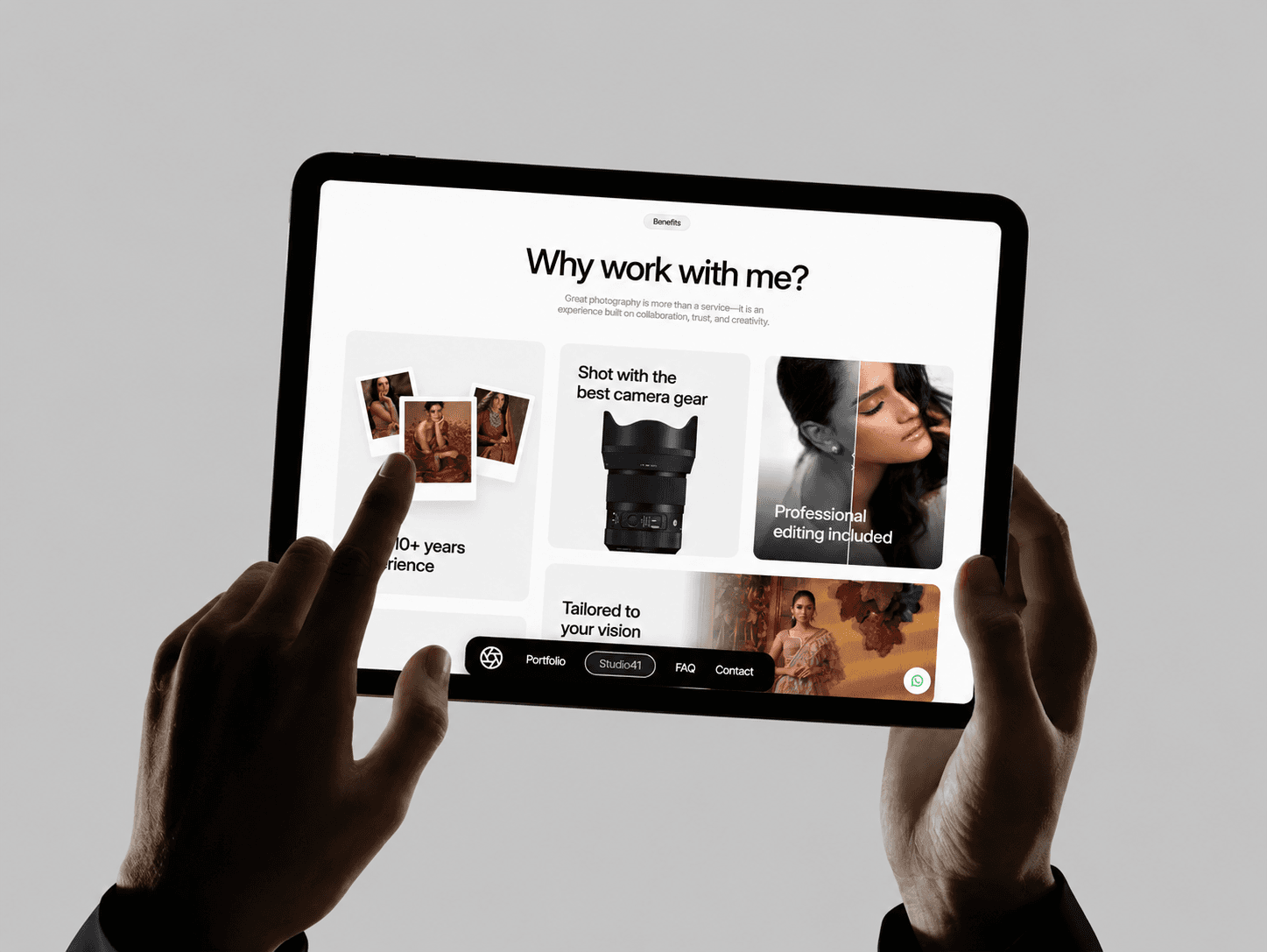 The 'Why work with me?' section of the AJ Photography site on a tablet
