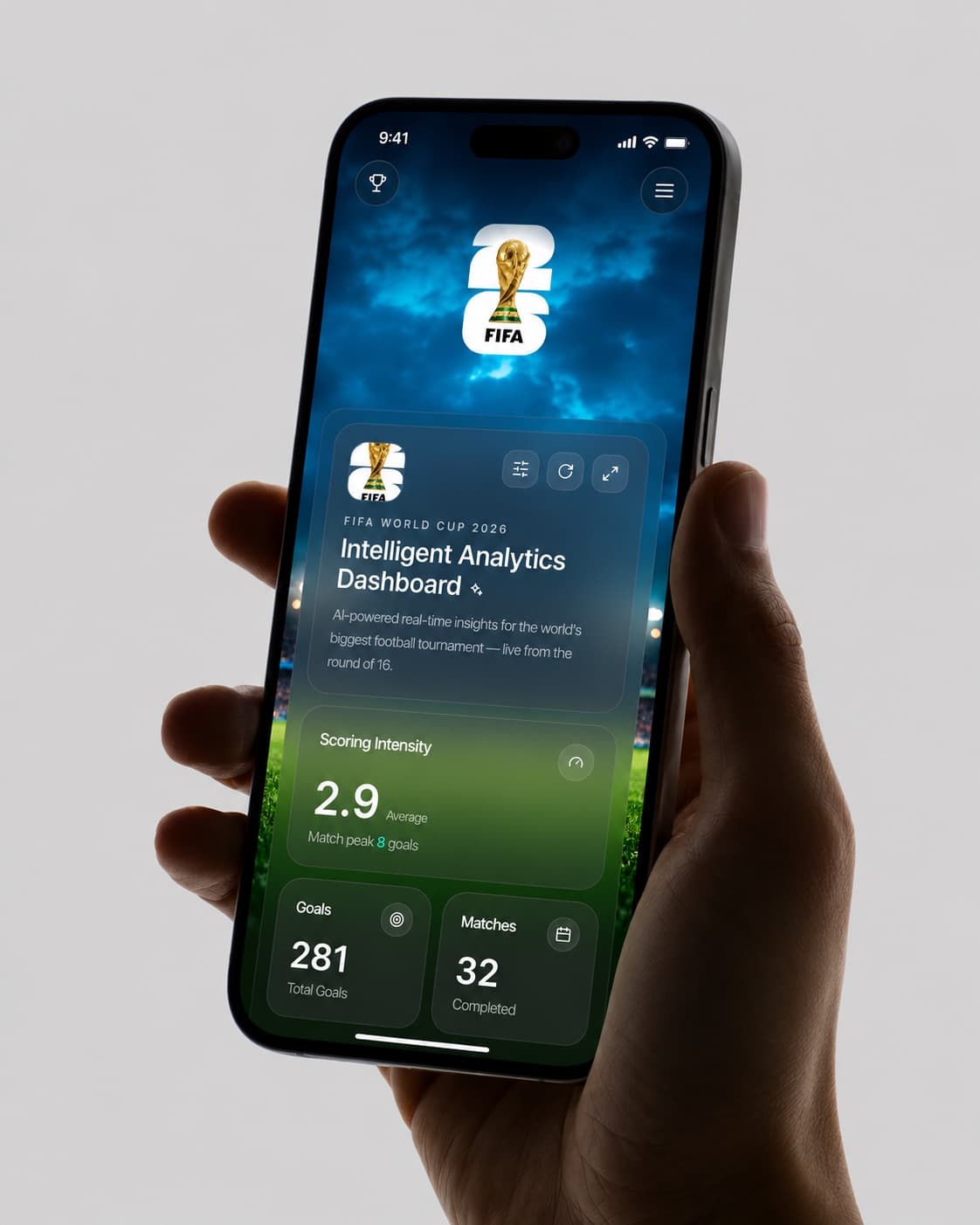 The FIFA World Cup 2026 dashboard on a phone, showing scoring intensity, goals and matches